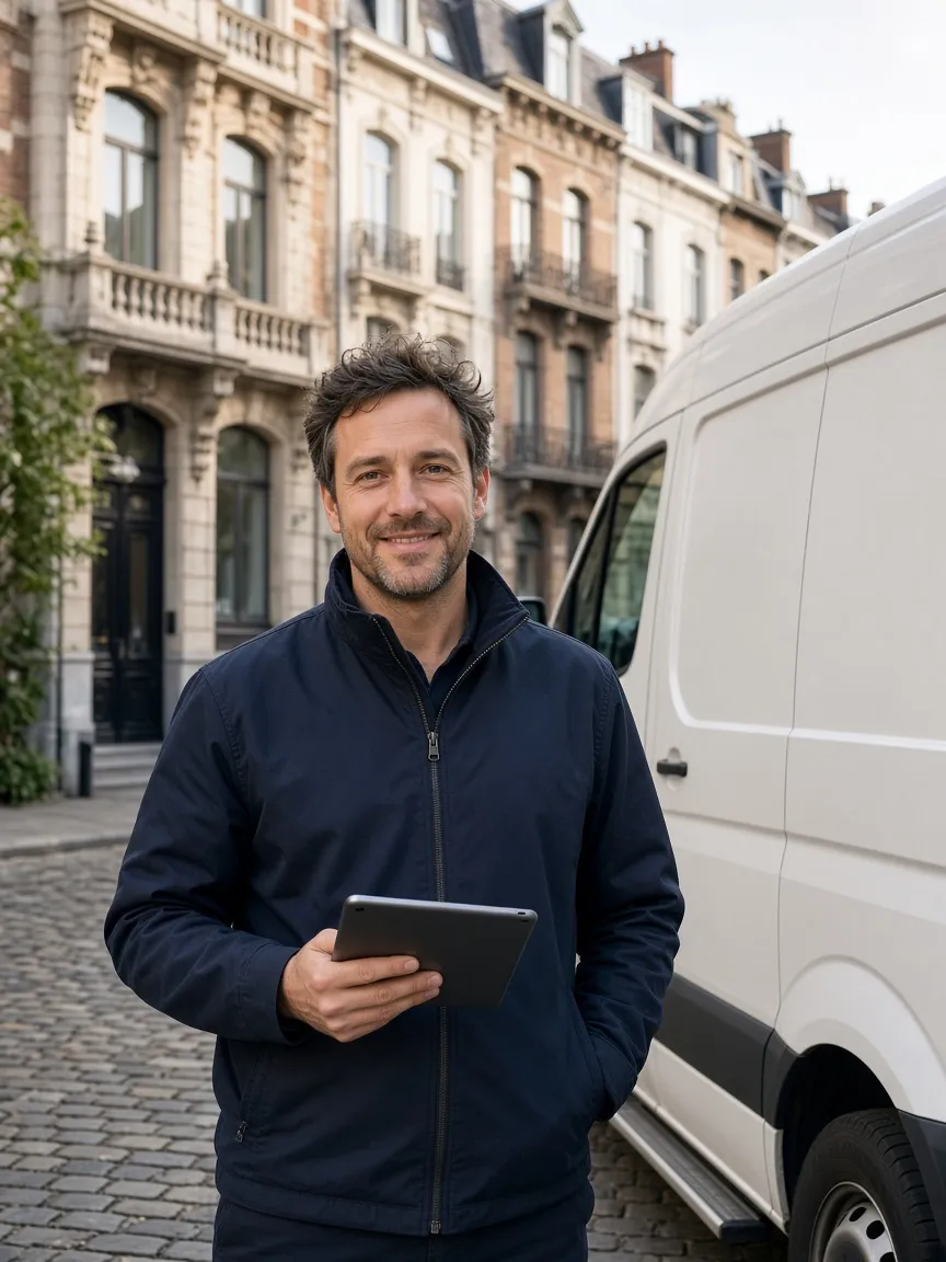 Technicien Thermospeed devant sa camionnette dans une rue de Bruxelles