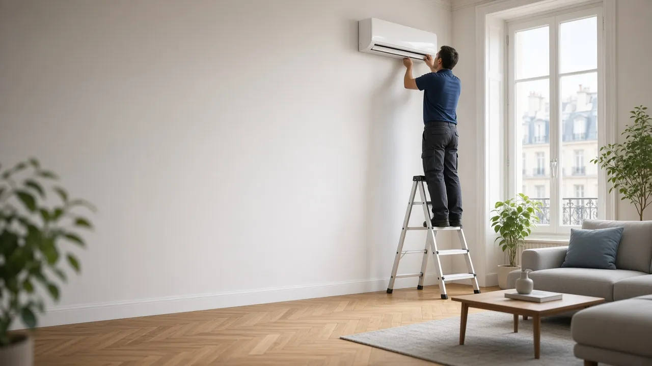 Technicien Thermospeed installant un climatiseur mural dans un appartement bruxellois