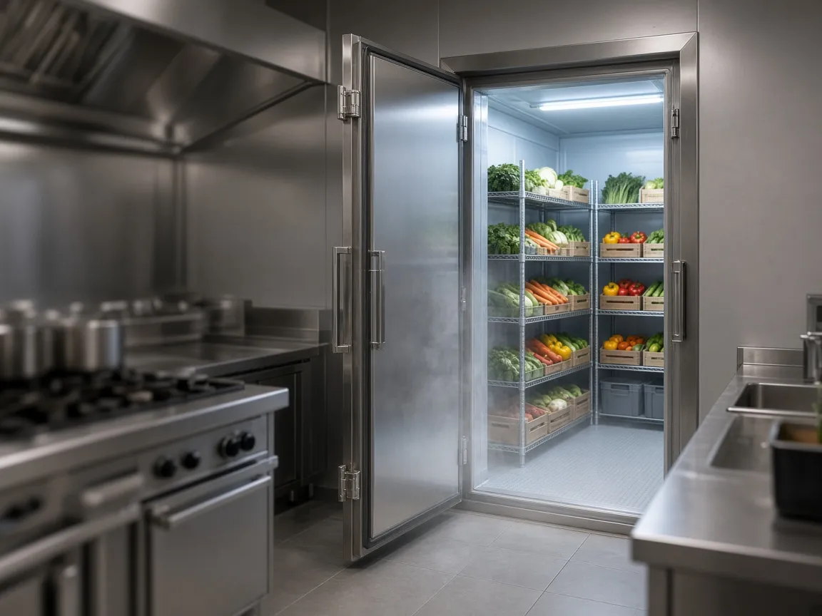 Chambre froide professionnelle ouverte dans une cuisine de restaurant