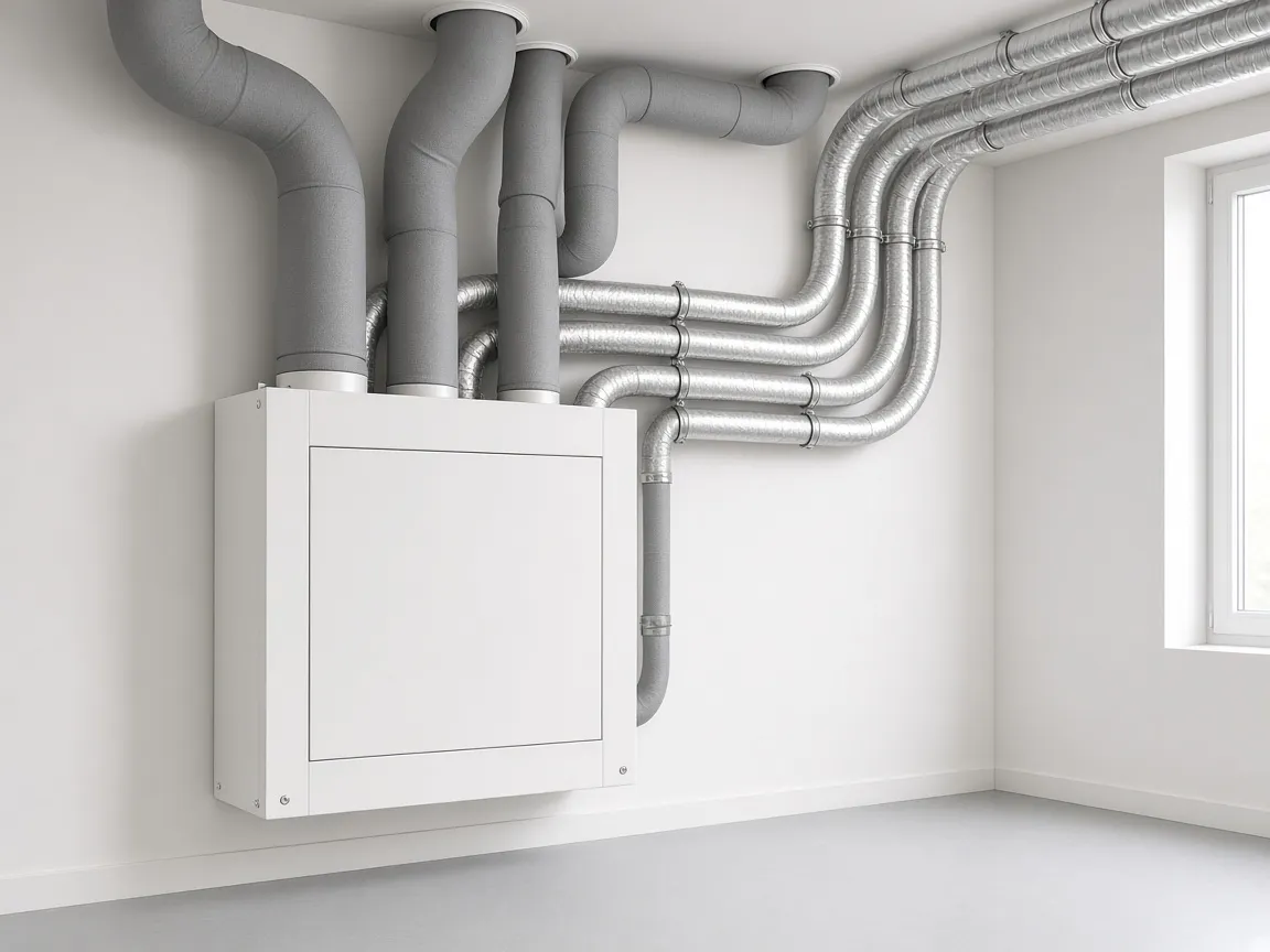 Groupe de ventilation double flux avec gaines isolées dans une buanderie